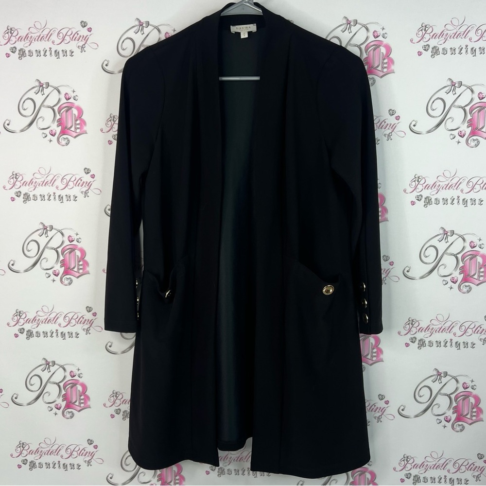 Laura cardigan jacket buttons Elegant Black Women's Blazer Gold Accents